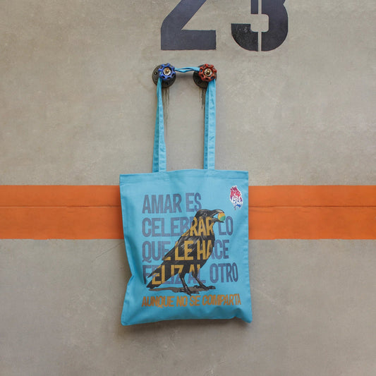 Tote Bag AMAR ES · Hecha a mano · Tirada numerada · Color AZUL